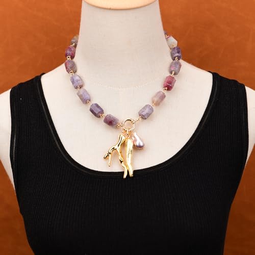 SLXWSXZE 18" Big Red Tourmaline Faceted Tube Quartz Chokers Necklace Purple Keshi Pearl Golden Resin Branch Pendant For Lady von SLXWSXZE