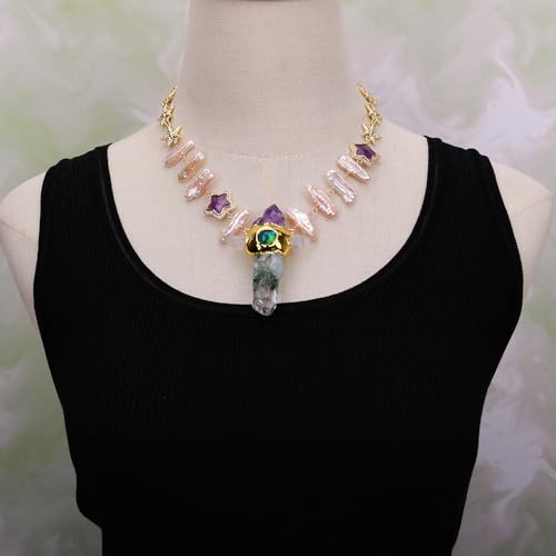 SLXWSXZE 18'' Biwa Pearl Amethyst Connector Chain Necklace Green Phantom Quartz Point Pendant Lady Gifts SLXWSXZE 18'' Biwa Pearl Amethyst Connector Chain Necklace Green Phantom Quartz Point Pendant Lady Gifts von SLXWSXZE