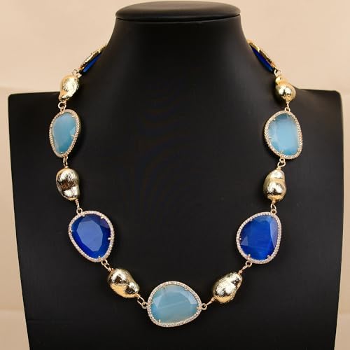 SLXWSXZE 18'' Mix Color Blue Cat eye Gold Edge Plated zircon Paved Stone Brushed Beads Chokers Necklace For Women von SLXWSXZE