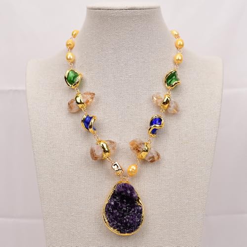 SLXWSXZE 19'' Cultured Golden Rice Pearl Glass Citrine Quartz Necklace Amethyst Rough Raw Pendant SLXWSXZE 19'' Cultured Golden Rice Pearl Glass Citrine Quartz Necklace Amethyst Rough Raw Pendant von SLXWSXZE