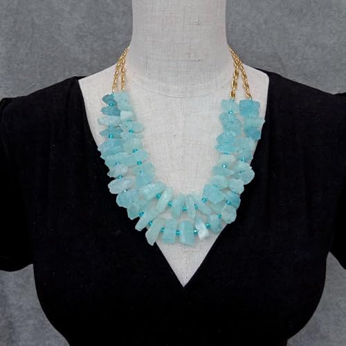 SLXWSXZE 2 Rows 8x17mm Blue Aquamarine Rough Raw Bead Gold Plated Chain Necklaces von SLXWSXZE