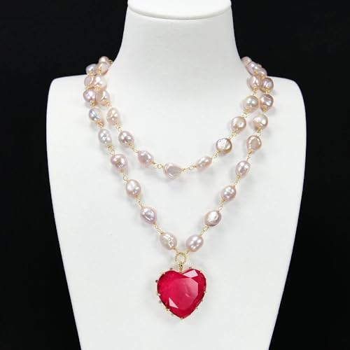 SLXWSXZE 2 Rows Freshwater Cultured Purple Keshi Baroque Pearl Chain Necklace Red Quartz Crystal Heart Pendant Lady Gifts SLXWSXZE 2 Rows Freshwater Cultured Purple Keshi Baroque Pearl Chain Necklace Red Quartz Crystal Heart Pendant Lady Gifts von SLXWSXZE