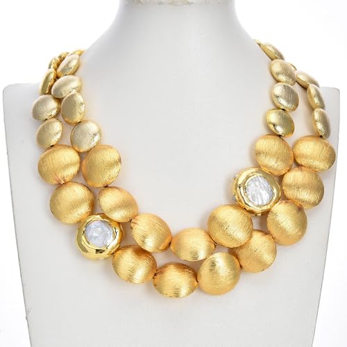 SLXWSXZE 2 Rows Gold Plated Brushed Coin Beads Cultured White Coin Keshi Pearl Necklace Classic For Women SLXWSXZE 2 Rows Gold Plated Brushed Coin Beads Cultured White Coin Keshi Pearl Necklace Classic For Women von SLXWSXZE