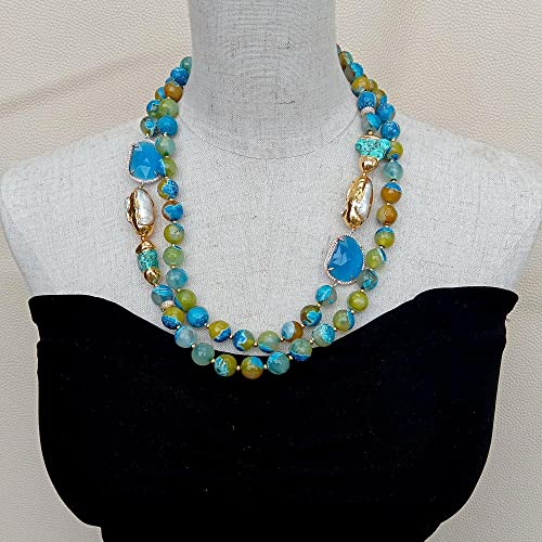 SLXWSXZE 2 Strands Blue Faceted Fire Agate Round Cultured White Biwa Pearl choker Necklace 22" von SLXWSXZE