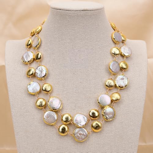 SLXWSXZE 2 Strands Freshwater Cultured White Coin Pearl Brushed Beads Chain Necklace Multi Strands Luxurious Style Women Jewelry von SLXWSXZE