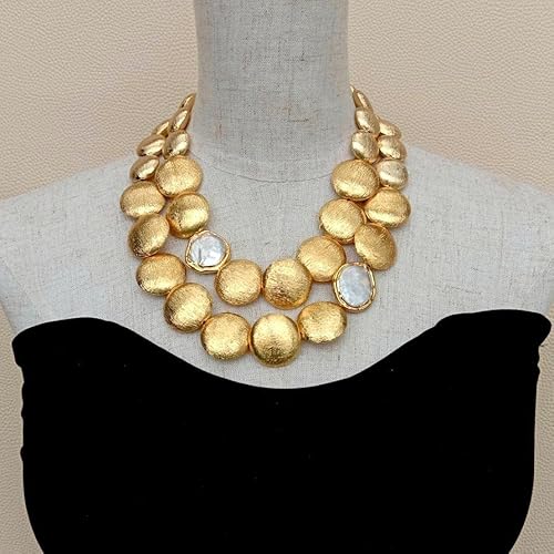 SLXWSXZE 2 Strands Gold Plated Brushed Coin Bead Cultured White Coin Pearl Necklace 18" hyperbole style for women SLXWSXZE 2 Strands Gold Plated Brushed Coin Bead Cultured White Coin Pearl Necklace 18" hyperbole style for women von SLXWSXZE