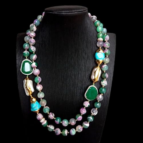 SLXWSXZE 2 Strands Green Purple Agate White Biwa Pearl Crystal Necklace von SLXWSXZE