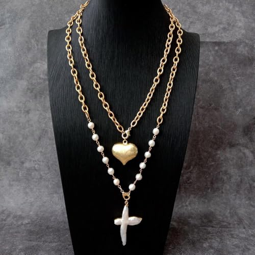 SLXWSXZE 2 Strands White Pearl Gold Plated Chain Necklace 30x25mm Cross Pearl 35x53mm Crucifix Pendant Charm von SLXWSXZE