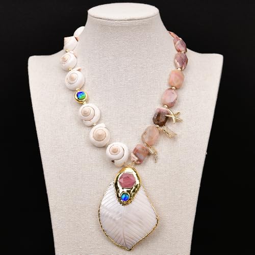 SLXWSXZE 20'' Opal Gems White Sea Shell Necklace Big White Shell Leaf Paved Gems Blue Murano Glass Pendant Charms von SLXWSXZE