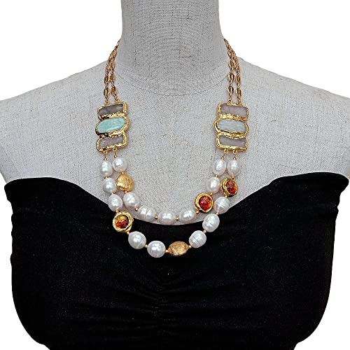 SLXWSXZE 21"-22" 2 Strands Cultured White RicePearl Agate Connector Golden Glass Necklace von SLXWSXZE