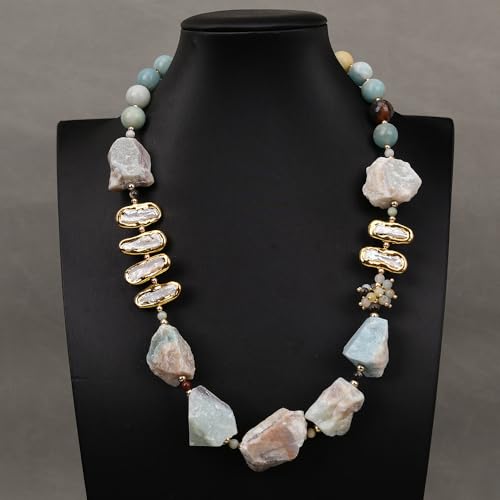 SLXWSXZE 21'' Mix Color Blue Big Rough Raw Nugget Stone Gold Plated White Keshi Pearl Bead Chunk Necklace For Women SLXWSXZE 21'' Mix Color Blue Big Rough Raw Nugget Stone Gold Plated White Keshi Pearl Bead Chunk Necklace For Women von SLXWSXZE