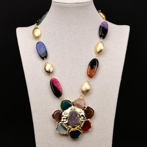 SLXWSXZE 23" Mix Color Agate Brushed Beads Necklace Colorful Multi Stone Gold Plated Pearl Pendant von SLXWSXZE