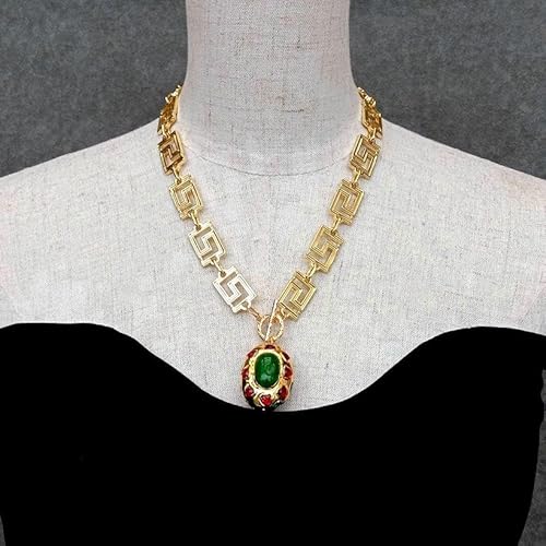 SLXWSXZE 25x35mm Green Jasper Red Crystal Oval Shape Pendant 21x15mm Gold Plated Chain Necklace von SLXWSXZE