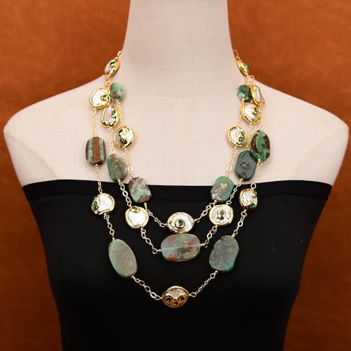 SLXWSXZE 3 Rows Big Green Chrysoprase Gems Slice Cultured White Coin Pearl Green Crystal Chain Necklace Jewelry Gifts von SLXWSXZE