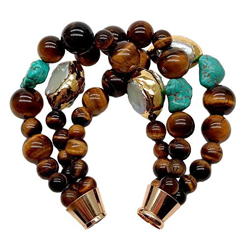 SLXWSXZE 3 Strands Round Yellow Tiger Eye White Keshi Pearl With Electroplated Edge Blue strand Bracelet Magnet Clasp von SLXWSXZE