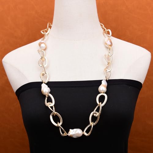 SLXWSXZE 33'' Cultured Mix Color Keshi Baroque Pearl Gold Plated Big Chain Long Necklace For Women von SLXWSXZE
