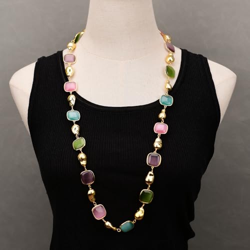SLXWSXZE 35'' Multi Color Cat eye Yellow Gold Plated Square Brushed Beads Long Chain Necklace For Women Party Gifts SLXWSXZE 35'' Multi Color Cat eye Yellow Gold Plated Square Brushed Beads Long Chain Necklace For Women Party Gifts von SLXWSXZE
