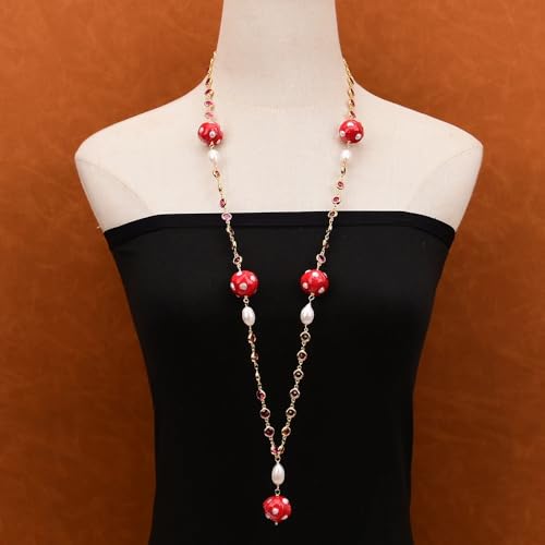 SLXWSXZE 36'' Red Enamel Glaze Paved Keshi Pearl White Rice Pearl Gold Plated Fuchsia Crystal Chain Necklace Pendant SLXWSXZE 36'' Red Enamel Glaze Paved Keshi Pearl White Rice Pearl Gold Plated Fuchsia Crystal Chain Necklace Pendant von SLXWSXZE