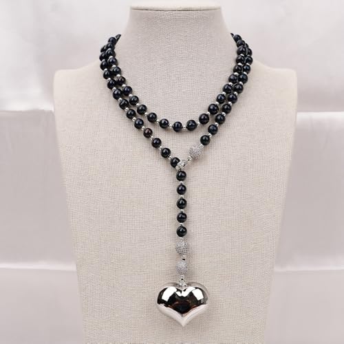 SLXWSXZE 38'' Black Round Pearl Long Necklace Sweater chain Silver Color Metal Heart Pendant von SLXWSXZE
