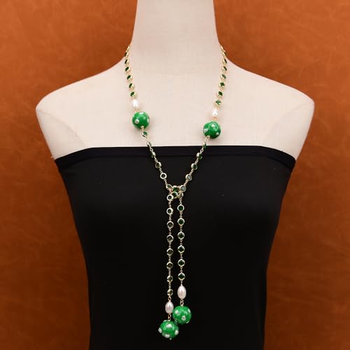 SLXWSXZE 38'' Green Enamel Glaze Keshi Pearl Cultured White Rice Pearl Green Crystal Paved Long Chain Necklace Pendant For Women von SLXWSXZE