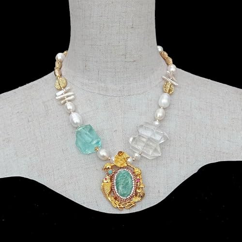 SLXWSXZE 38x54mm Green Pave Pendant Cultured White Pearl Quartz Double Point Necklace von SLXWSXZE