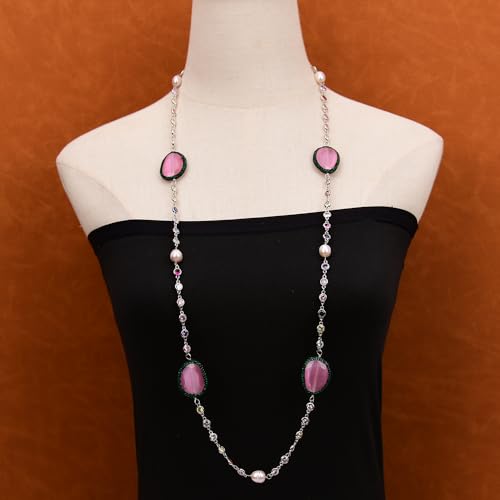 SLXWSXZE 39" Cultured Lavender Rice Pearl Cat Eye Paved Zircon Chain Long Necklace Sweater chain For Women von SLXWSXZE