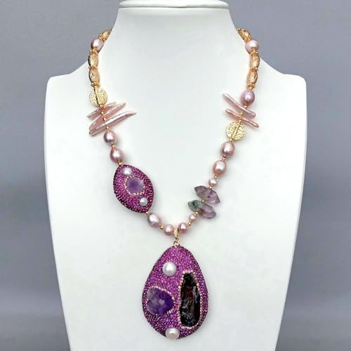 SLXWSXZE 44x62mm Amethyst Agate Geode Pendant Charm 10x12mm Cultured Rice Pearl Biwa Pearl Necklace Necklaces von SLXWSXZE