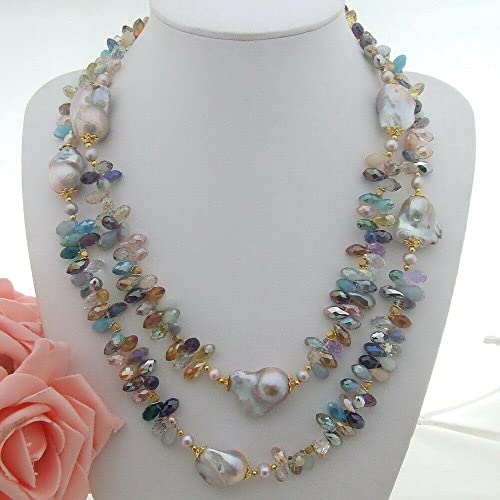 SLXWSXZE 49'' 25MM Purple Nucleated Flameball Baroque Pearl top-Drilled Multi Color Teardrop Crystal long Necklace von SLXWSXZE
