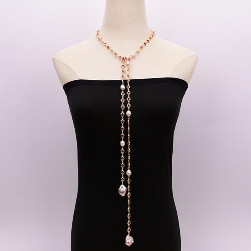 SLXWSXZE 49'' Freshwater Cultured Purple Keshi Pearl Red Fuchsia Color Zircon Pave Chain Long Necklace Sweater chain Pendant SLXWSXZE 49'' Freshwater Cultured Purple Keshi Pearl Red Fuchsia Color Zircon Pave Chain Long Necklace Sweater chain Pendant von SLXWSXZE