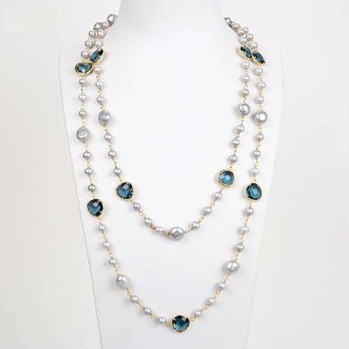 SLXWSXZE 51'' Gray Round Pearl Blue Crystal Gold Plated Chain Long Necklace SLXWSXZE 51'' Gray Round Pearl Blue Crystal Gold Plated Chain Long Necklace von SLXWSXZE