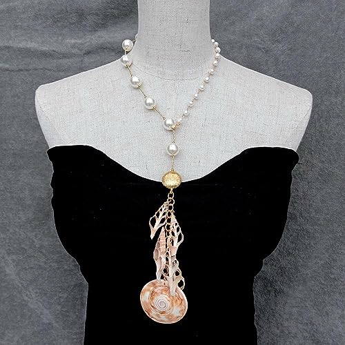 SLXWSXZE 51m Shell Pendant Charm Asymmetric Necklace Cultured White Pearl 14mm Sea Shell Pearl Rosary Chain Necklace von SLXWSXZE