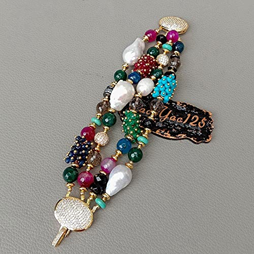 SLXWSXZE 8'' 4 Strands Cultured White Keshi Pearl Agate Jade Statement Bracelet magnet clasp vintage style for women SLXWSXZE 8'' 4 Strands Cultured White Keshi Pearl Agate Jade Statement Bracelet magnet clasp vintage style for women von SLXWSXZE
