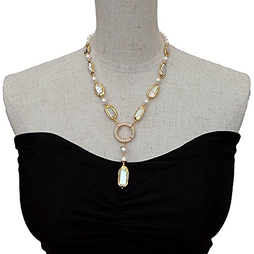 SLXWSXZE 8-9mm Round Rectangle Cultured White Biwa Pearl Round Freshwater Pearl Y-Drop Necklace 18.5" von SLXWSXZE