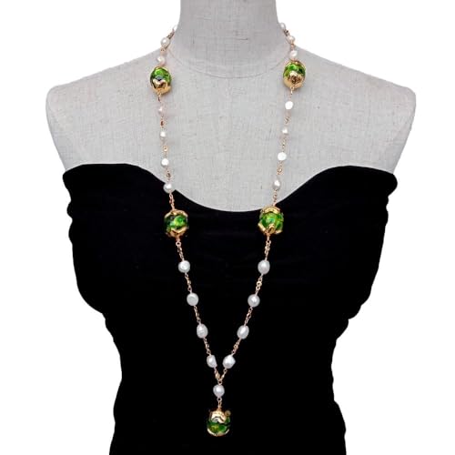 SLXWSXZE 8-9mm White Baroque Pearl Pave Rosary Chain 20mm Green Murano Glass Necklace SLXWSXZE 8-9mm White Baroque Pearl Pave Rosary Chain 20mm Green Murano Glass Necklace von SLXWSXZE
