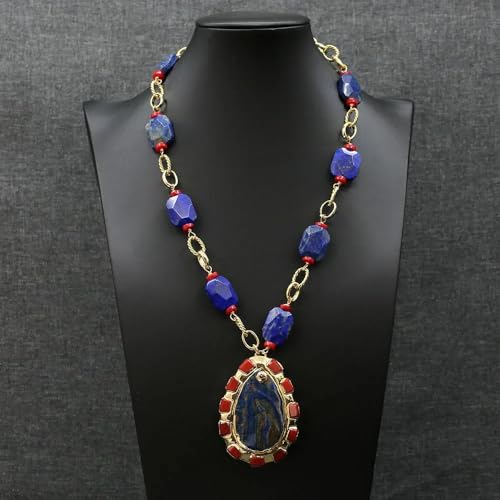 SLXWSXZE Blue Lapis Red Coral Golden Chain Necklace Blue Ocean Jasper Paved Red Jade Pendant For Noble Lady SLXWSXZE Blue Lapis Red Coral Golden Chain Necklace Blue Ocean Jasper Paved Red Jade Pendant For Noble Lady von SLXWSXZE