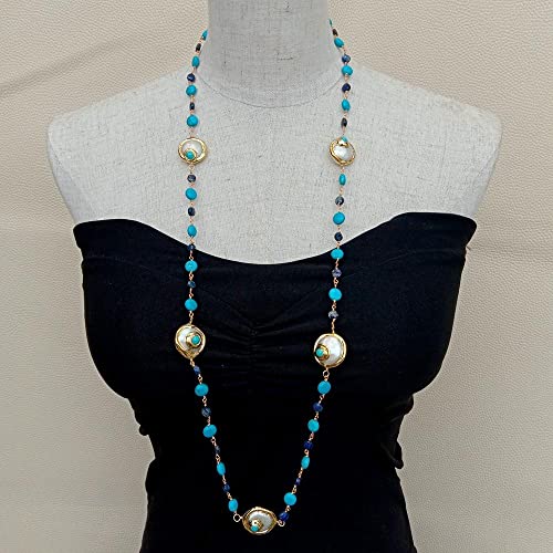 SLXWSXZE Blue White Coin Pearl Blue Lapis Coin Shape faceted lapis rosary Chain Long Necklace 35" von SLXWSXZE