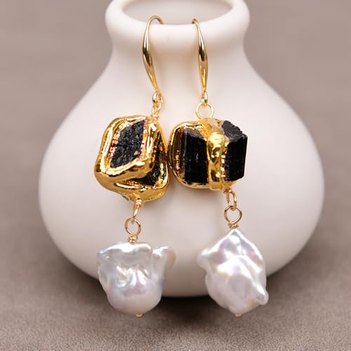SLXWSXZE Cultured White Baroque Pearl Gold Edge Plated Black Tourmaline Nugget Brushed Beads Necklace Bracelet Earrings Sets(Earrings) von SLXWSXZE