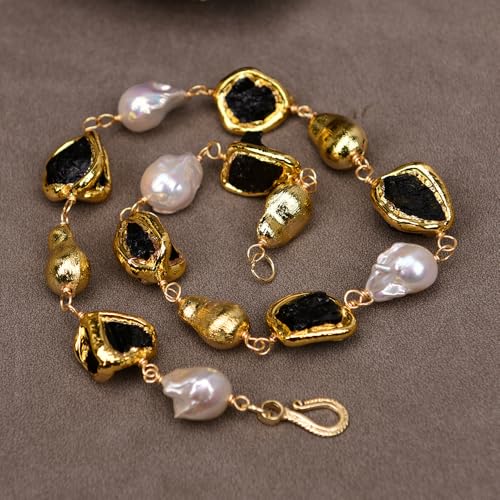 SLXWSXZE Cultured White Baroque Pearl Gold Edge Plated Black Tourmaline Nugget Brushed Beads Necklace Bracelet Earrings Sets(Necklace) von SLXWSXZE