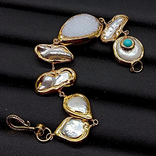 SLXWSXZE Cultured White Coin Biwa Freshwater Pearl Agates With Electroplated Wrap Bracelet 8.5" for women von SLXWSXZE