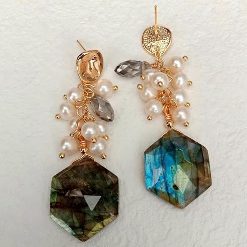 SLXWSXZE Cultured White Pearl 20mm Hexangular Shape Labradorite Dangle Stud Earrings Gemstone Jewelry For Women Gift SLXWSXZE Cultured White Pearl 20mm Hexangular Shape Labradorite Dangle Stud Earrings Gemstone Jewelry For Women Gift von SLXWSXZE