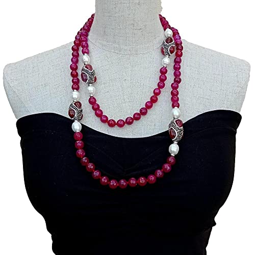 SLXWSXZE Cultured White Rice Freshwater Pearl Fuchsia Agate Faceted Round sweater chain Long Necklace 51" von SLXWSXZE