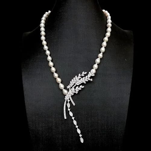SLXWSXZE Freshwater Cultured White Keshi Pearl Necklace Cubic Zirconia Pave leaf silver plated connector 19" von SLXWSXZE