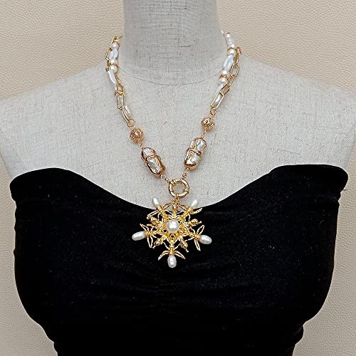 SLXWSXZE Freshwater Pearl White Biwa potato Pearl Gold Plated Chain Necklace Pearl Insect Pendant 20" von SLXWSXZE
