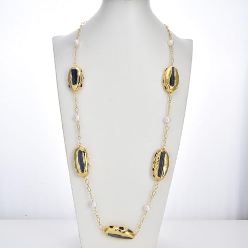 SLXWSXZE Freshwater White Round Pearl Colorful Tourmaline Blue Rough Long Station Sweater chain Necklace SLXWSXZE Freshwater White Round Pearl Colorful Tourmaline Blue Rough Long Station Sweater chain Necklace von SLXWSXZE