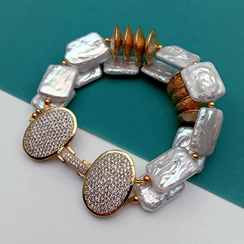 SLXWSXZE Luxury style 2 Strands Freshwater Cultured White Rectangle Shape Keshi Pearl Bracelet Clasp von SLXWSXZE