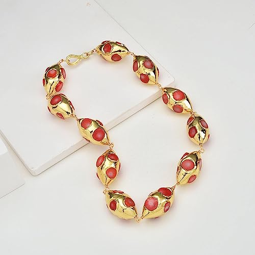 SLXWSXZE Orange Red Coral Gold Plated Edge Beaded Pearl Choker Necklace Bracelet Earrings Sets Simple Lady Gifts(Necklace) von SLXWSXZE
