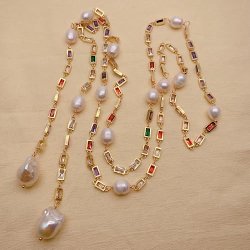 SLXWSXZE Real 15x18mm White Baroque Pearl Rice Pearl Rosary Chain Long Loop Necklace von SLXWSXZE