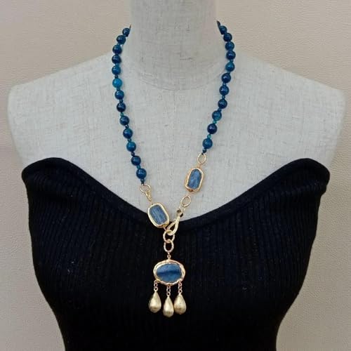 SLXWSXZE Rectangle Blue with gold Filled Pendant faceted round Blue Agate Necklace for women 23" von SLXWSXZE