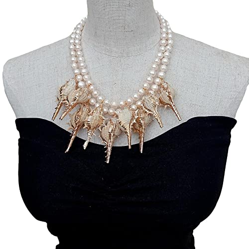 SLXWSXZE Sea Shell screw Pendant 2 Strands Freshwater Cultured White Pearl Statement Necklace 18" von SLXWSXZE