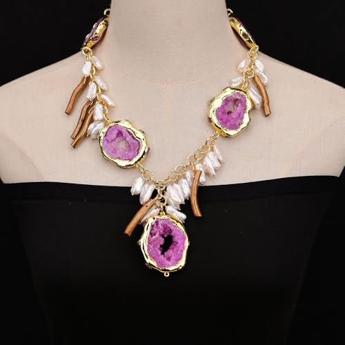 SLXWSXZE White Keshi Pearl Fuchsia Agate Slice Quartz Golden Coral Chain Necklace Agate Pendant SLXWSXZE White Keshi Pearl Fuchsia Agate Slice Quartz Golden Coral Chain Necklace Agate Pendant von SLXWSXZE